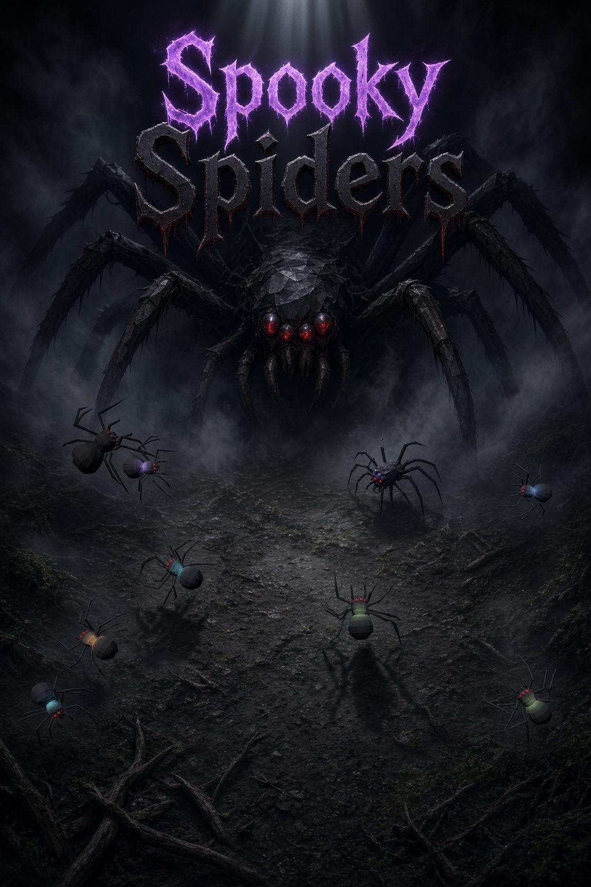 Spooky Spiders — a giant black spider emerging from the mist